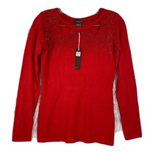 LOLA B Womens Red Pullover Sweater Rhinestones Eyelet Size S NWT